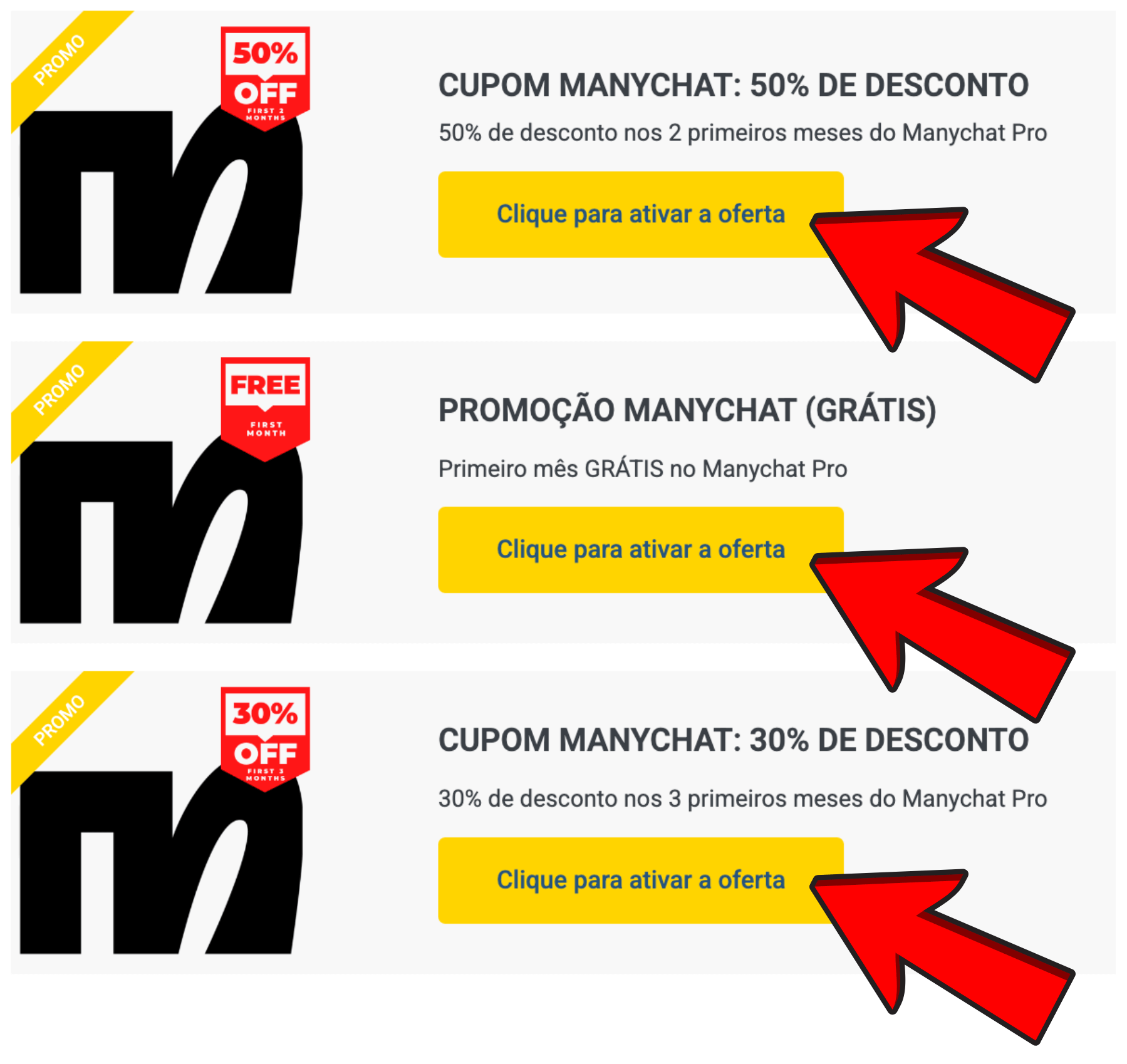 cupom manychat codigos promocionais promoção desconto